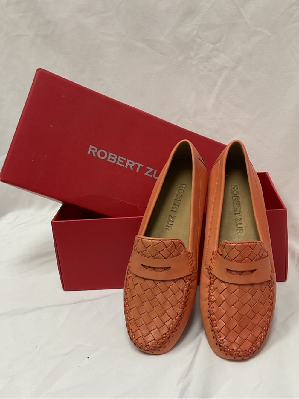 Robert Zur Woven Leather Loafers Coral Orange Flats Made in Brazil NEW Size 7